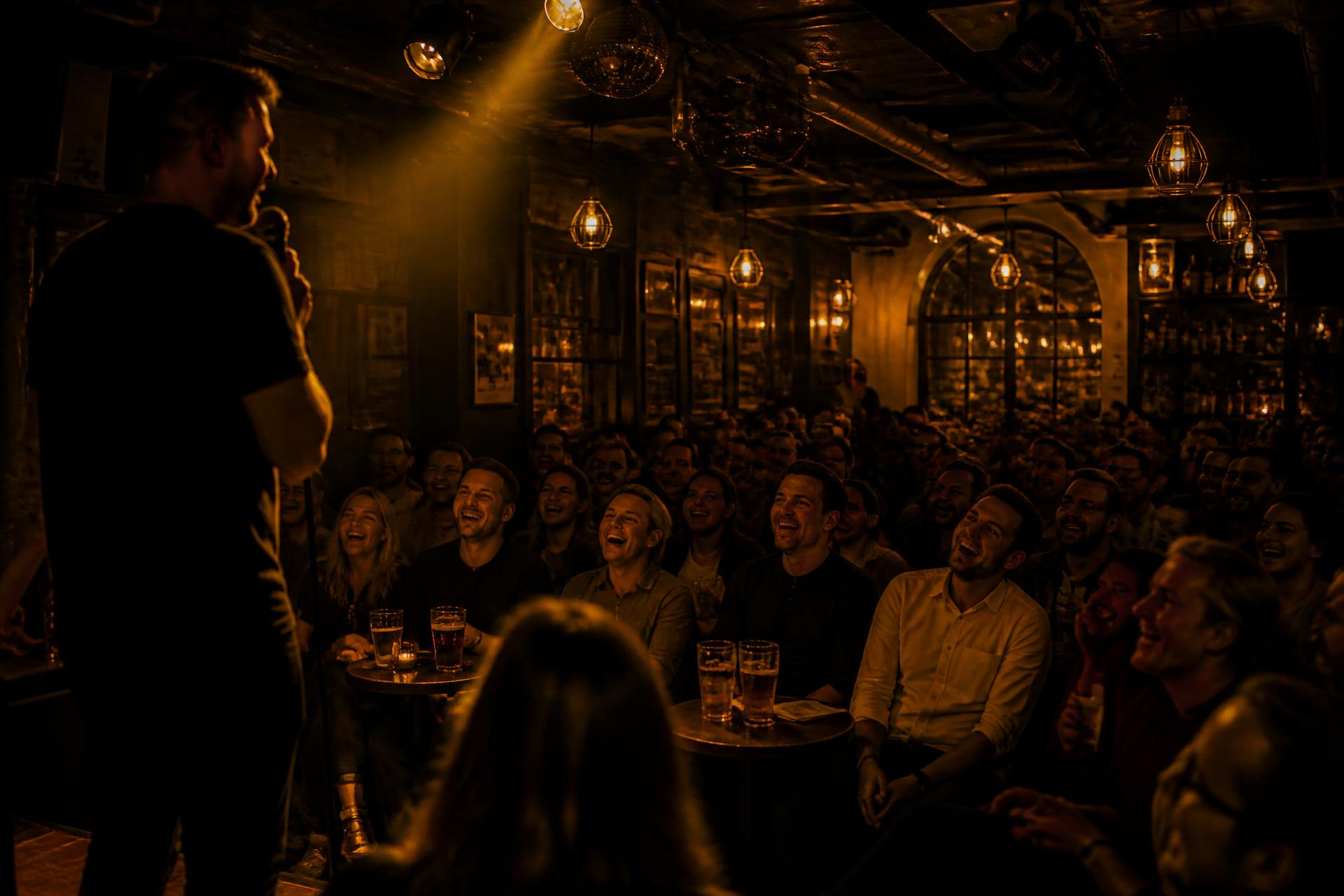 Komiker på liten pubscene foran et fullt, leende publikum